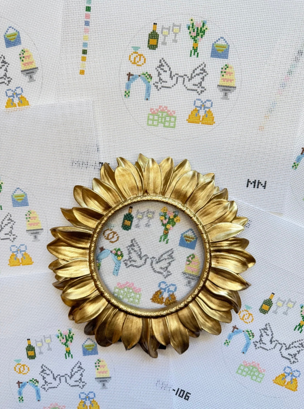 Kissing Doves and Wedding Motifs Needlepoint Canvas | 18 Mesh | Magnolia Needlepoint